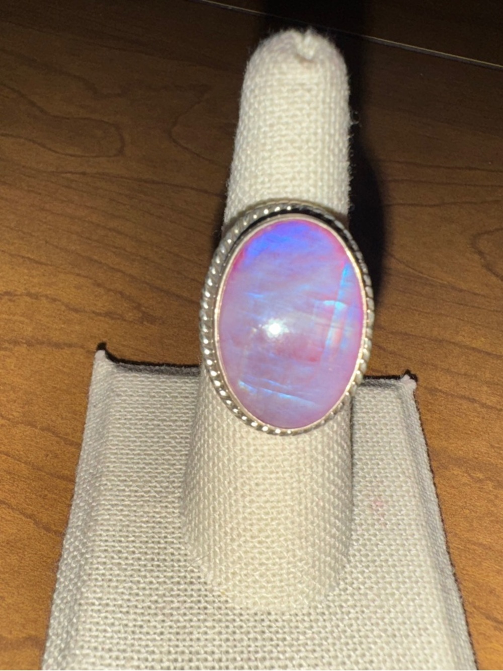 Solid Sterling Silver Pink Moonstone Oval  Rope Bezel Ring - Picture 2 of 10